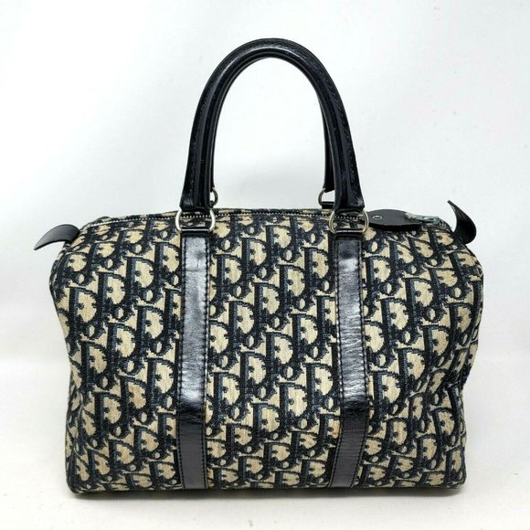 Dior Handbags - Christian Dior Oblique Saddle Navy Canvas Leather Boston Speedy Hand Bag Auth
